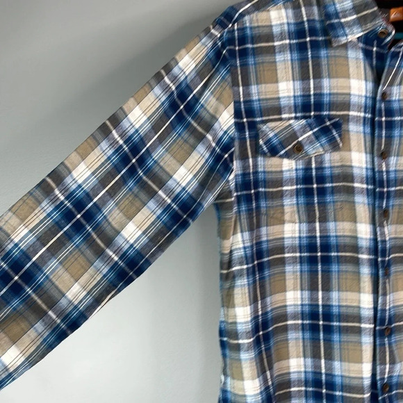 QUIKSILVER Mens Plaid Flannel Button Up Shirt Blue Tan Long Sleeve Logo Skate S - Picture 9 of 16